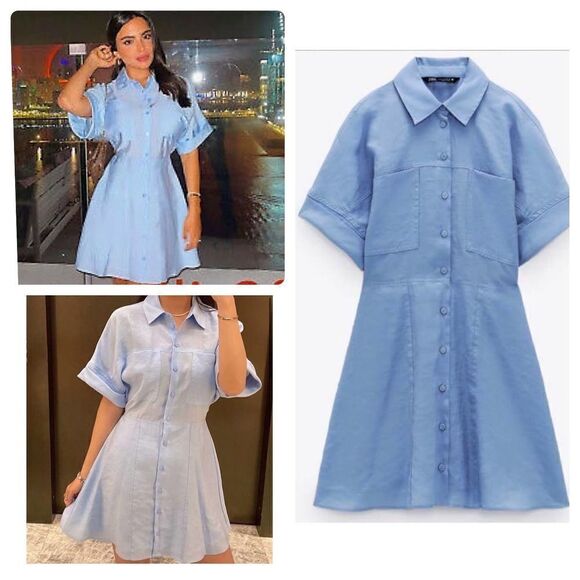 ZARA Short Shirt Light Blue Dress New - Picture 1 of 8